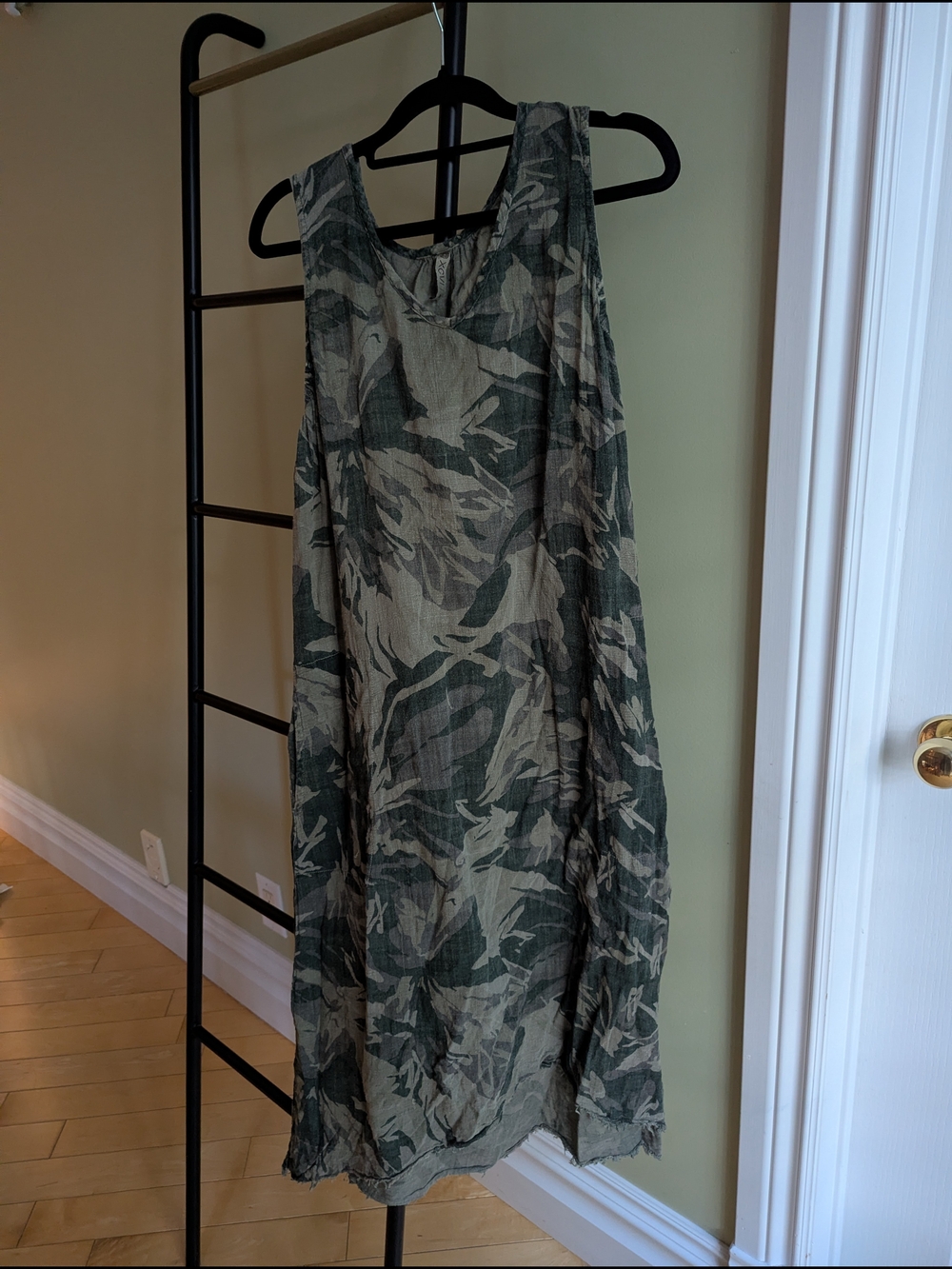 XCVI Linen Sleeveless Botanical Camouflage-Print Maxi Dress in Olive and Beige